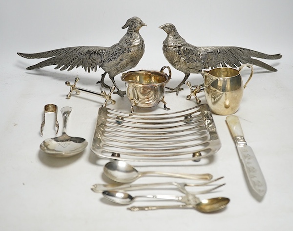 A pair of Pheasants (Gucci) and a small quantity of mixed plated wares, pheasant 29cm long. Condition - good